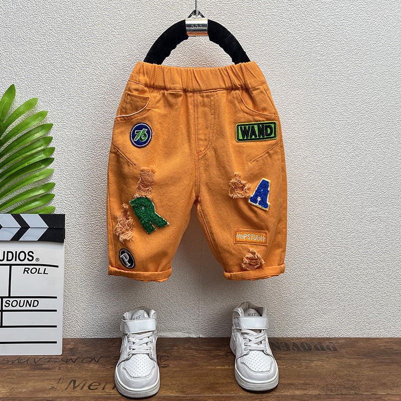 Boys' denim shorts -  summer collection: distressed, patch-label, 5-inch length, trendy & edgy, popular online style with letter print