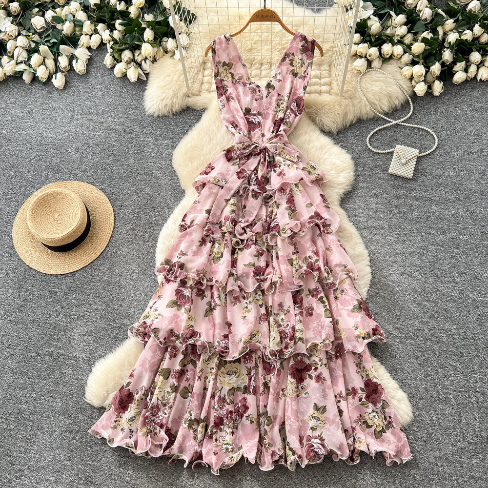 French floral sweet princess style dress - women's summer v-neck sleeveless high-waisted a-line maxi dress - commute chic