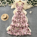 French floral sweet princess style dress - women's summer v-neck sleeveless high-waisted a-line maxi dress - commute chic
