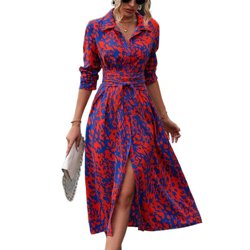 Shipped to fashion cross-border  all-over printing buttons long sleeves waist a-line dress independent station
