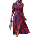 Shipped to fashion cross-border  all-over printing buttons long sleeves waist a-line dress independent station
