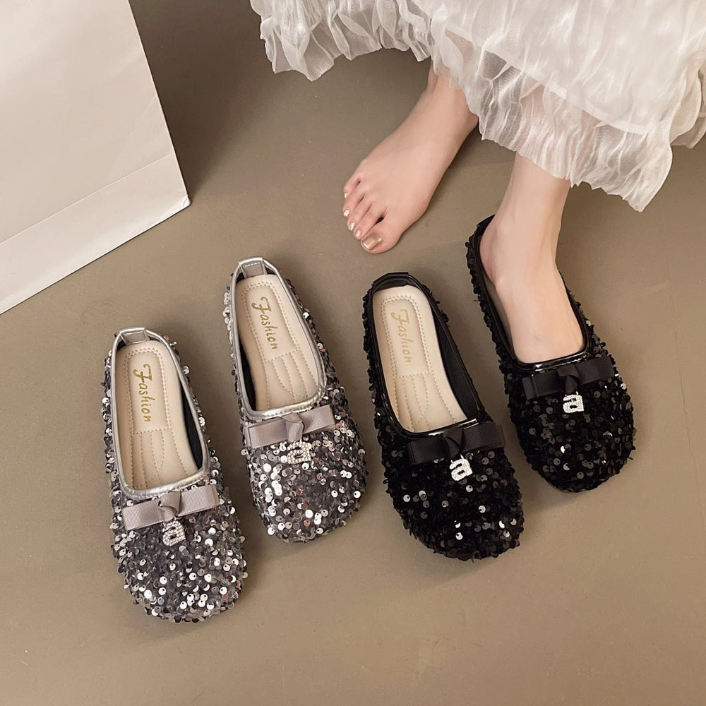 fashionable casual evening french bowknot new spring sequin flat loafers women's single shoes