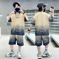 Boys' summer outfit set,  new summer collection, mid-to-large children's lightweight short-sleeve clothing, trendy, cool, and street-style ready