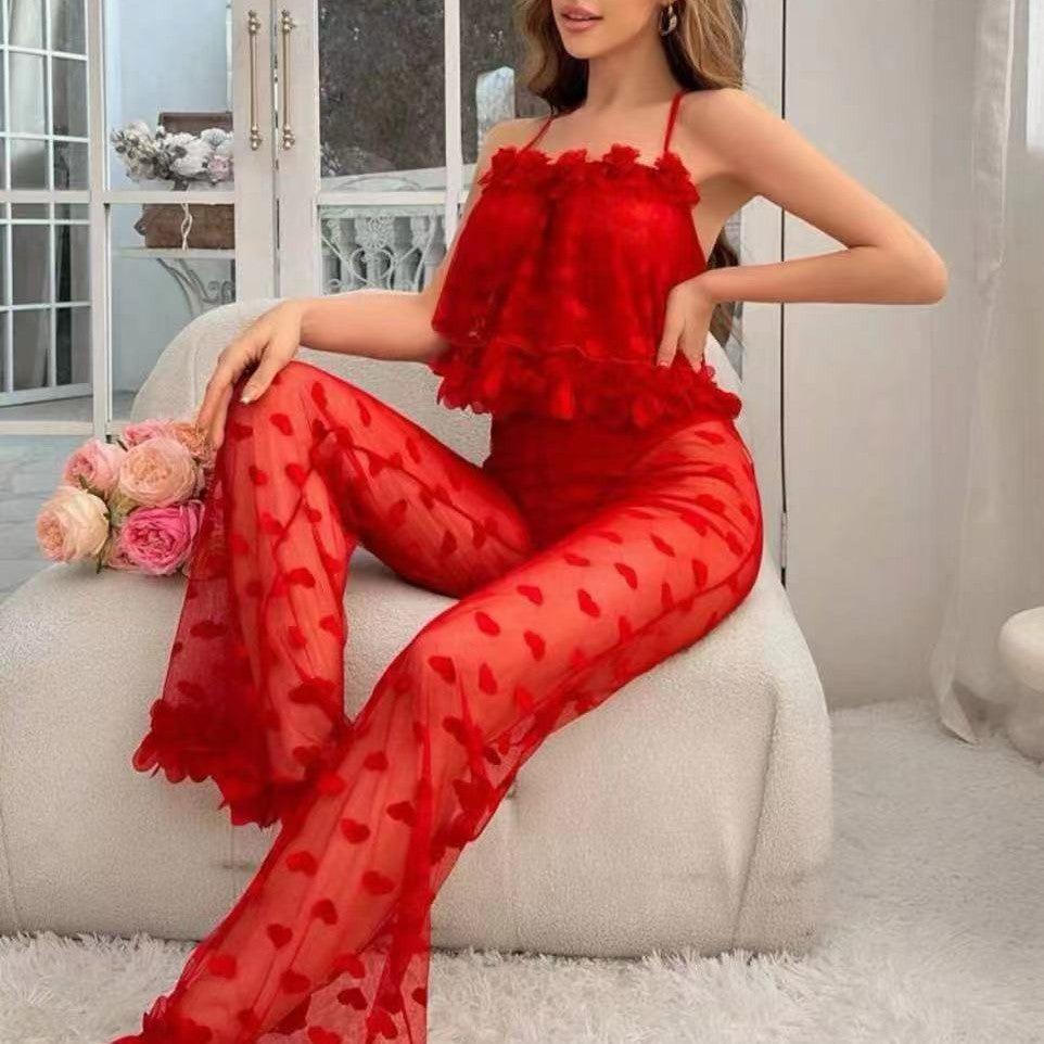 New arrivalexportfashionsexyintimates sexy mesh see-through suspender heart pajamas home clothes suit