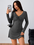 women's pure lust style v-neck drawstring dresslong sleevesilm pleated short skirt hot girl slimming lookeasiest for match skirt