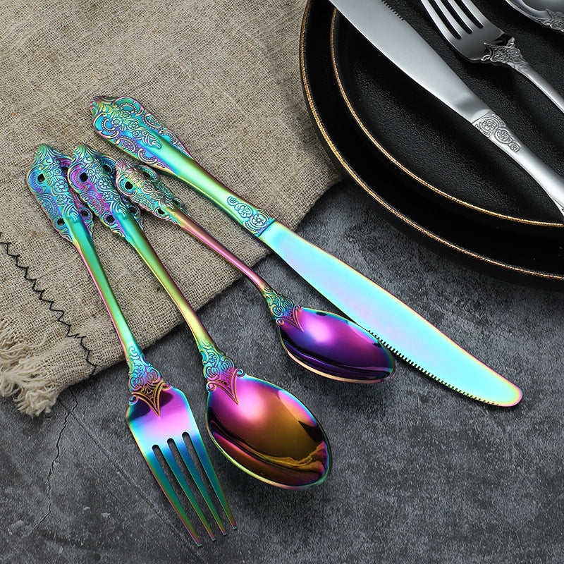 Island Qi stainless steel knife and fork spoon court retro relief steak knife and fork creative western tableware gift box four-piece set