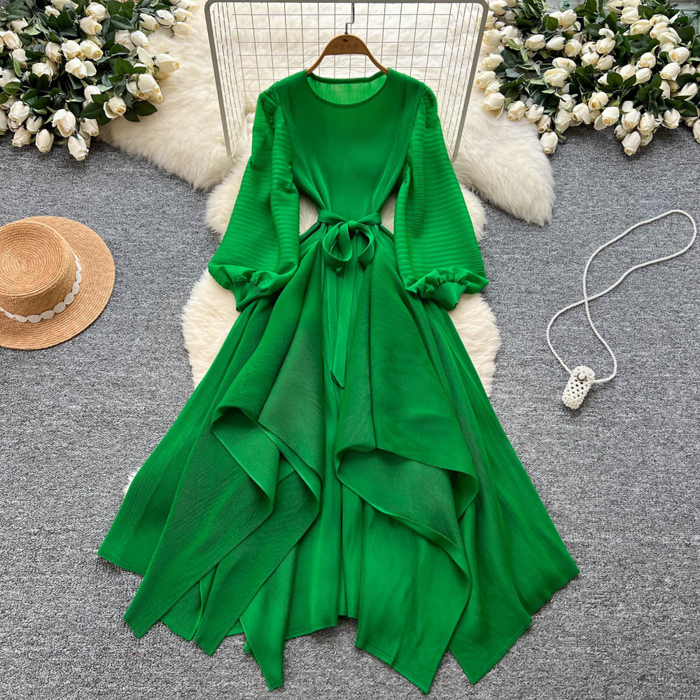 Miya pleated european and american dress women's  new arrivalsense of design asymmetrical strap waist pleated draped long skirt