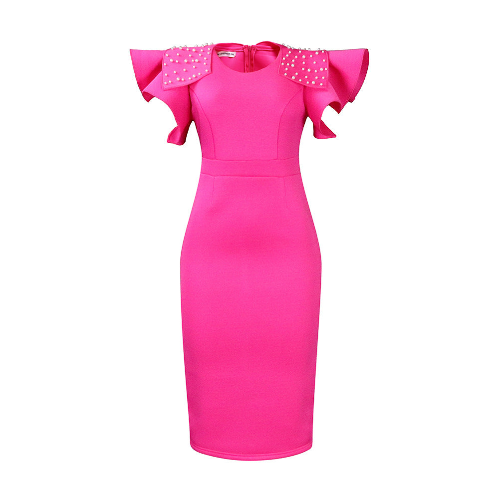 Plus size women's fashion: new  round neck ruffle sleeve slit beaded bodycon office lady dress - european & american style