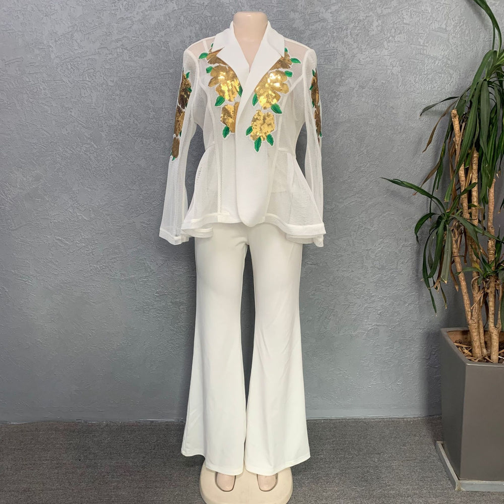 supply mesh long-sleeved suit outwearmatching short suspender flared pants suitsequin large flower beading clear