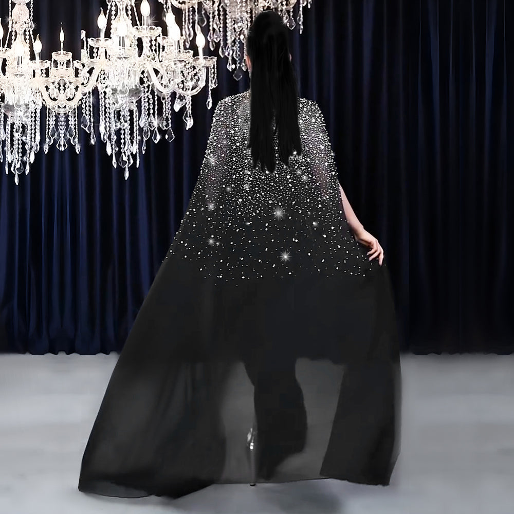 C7292 cross-border   fashion women's sexy rhinestone bodycon sheer cape dress