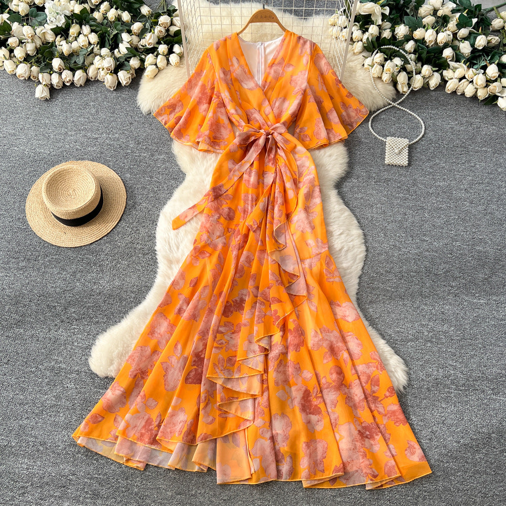Women's spring dress : french chic tie-waist v-neck asymmetrical print chiffon maxi dress