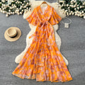 Women's spring dress : french chic tie-waist v-neck asymmetrical print chiffon maxi dress