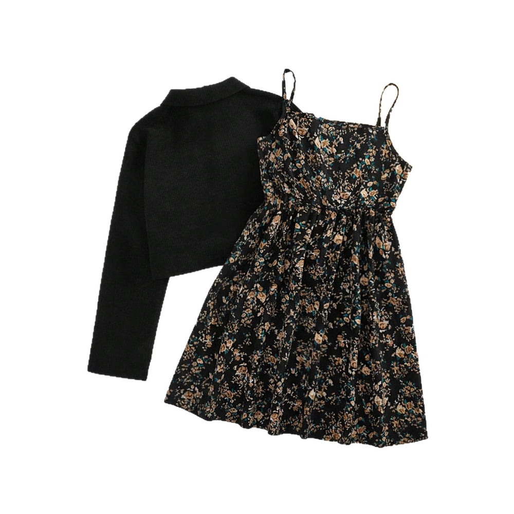 Girls' european and american style trendy solid color cropped jacket + black floral print cami dress two-piece set