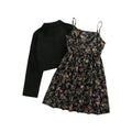 Girls' european and american style trendy solid color cropped jacket + black floral print cami dress two-piece set