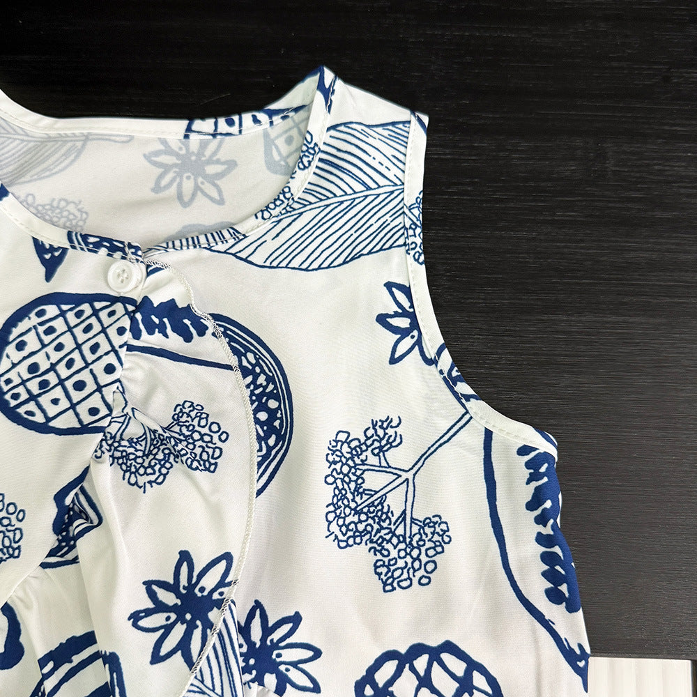 Girls' summer outfit : plant print casual sleeveless tank top and pants two-piece set - new cross-border wholesale & dropshipping