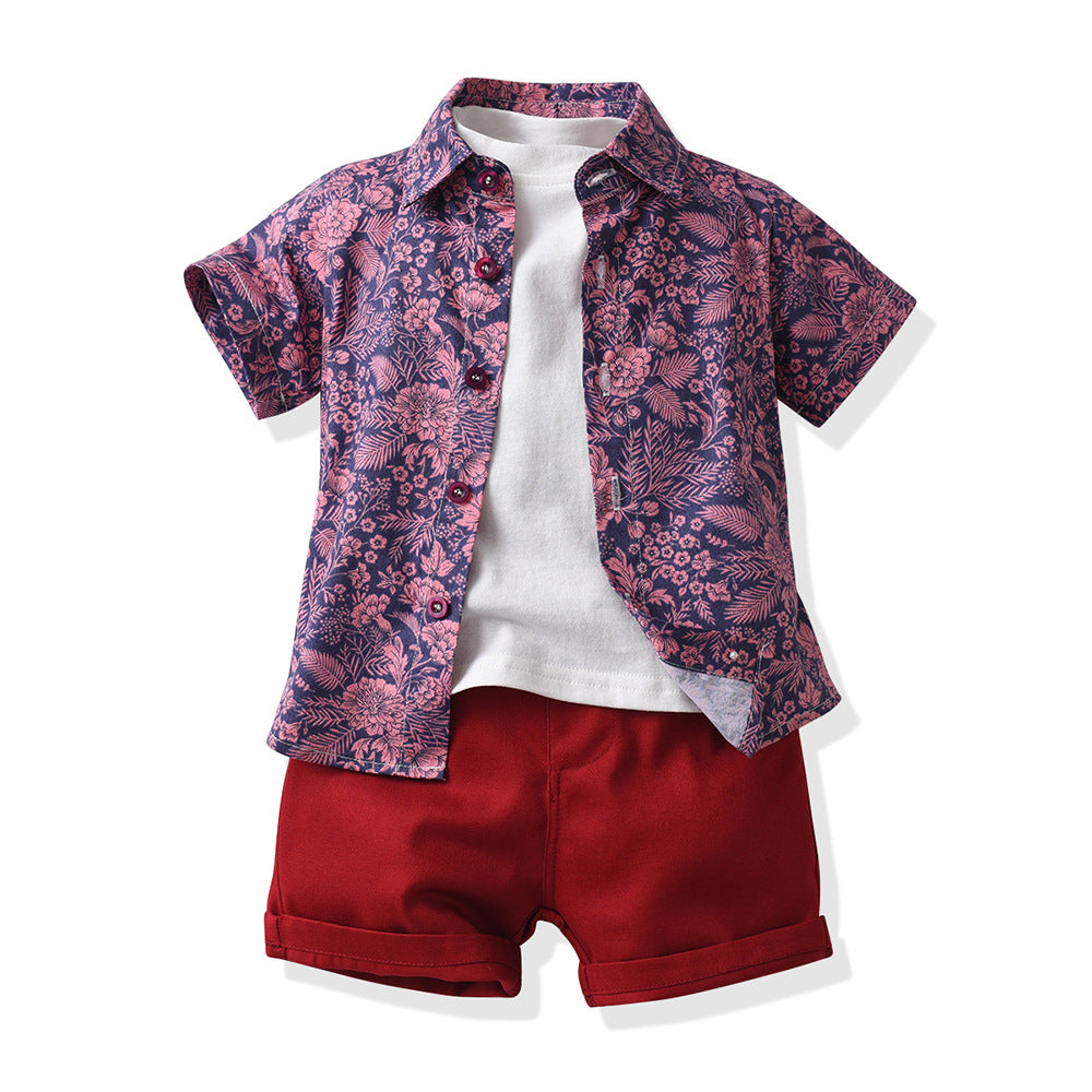 Boys' summer short-sleeve floral shirt kids' set white t-shirt shorts casual three-piece outfit - foreign trade beach style
