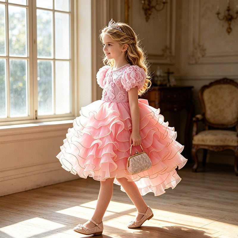 European and american style  girls' dress - high-low hem, train, tiered skirt, bow detail, detachable back - wholesale