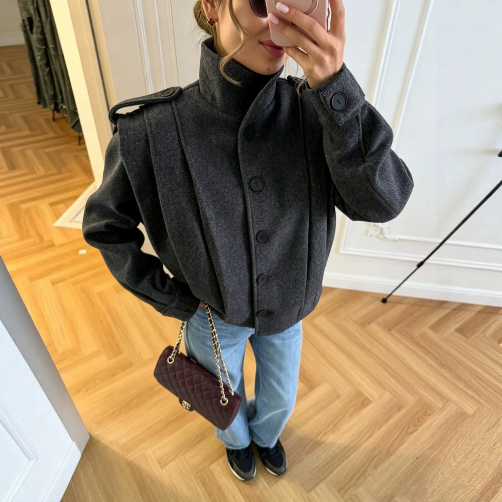 cross-border fashion women's american retro vintage casual versatile button-down stand collar wool blend short coat