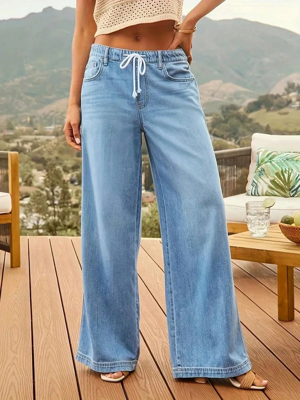 Fashion cross-border casual style drawstring waist wide-leg jeans women's light blue washed looseslimming lookdrapedmoppants
