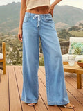 Fashion cross-border casual style drawstring waist wide-leg jeans women's light blue washed looseslimming lookdrapedmoppants