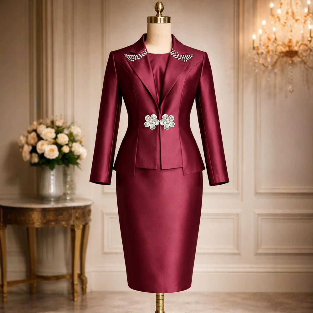 New arrivalelegancesatin skirt suit vertical embossed large lapel silm beaded outwear hip covering two-piece set