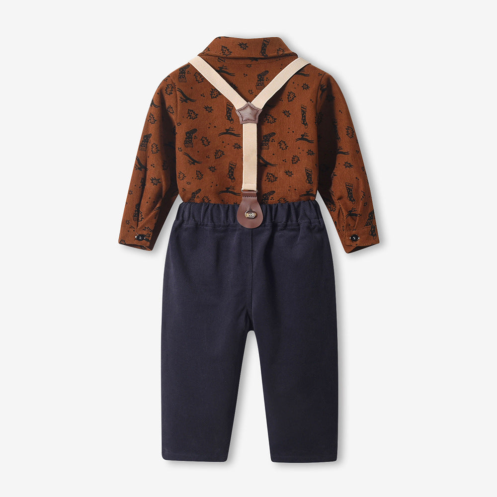 New autumn children's shirt printed christmas long sleeve bow tie mid-to-large child gentleman's formal wear set kids' clothing