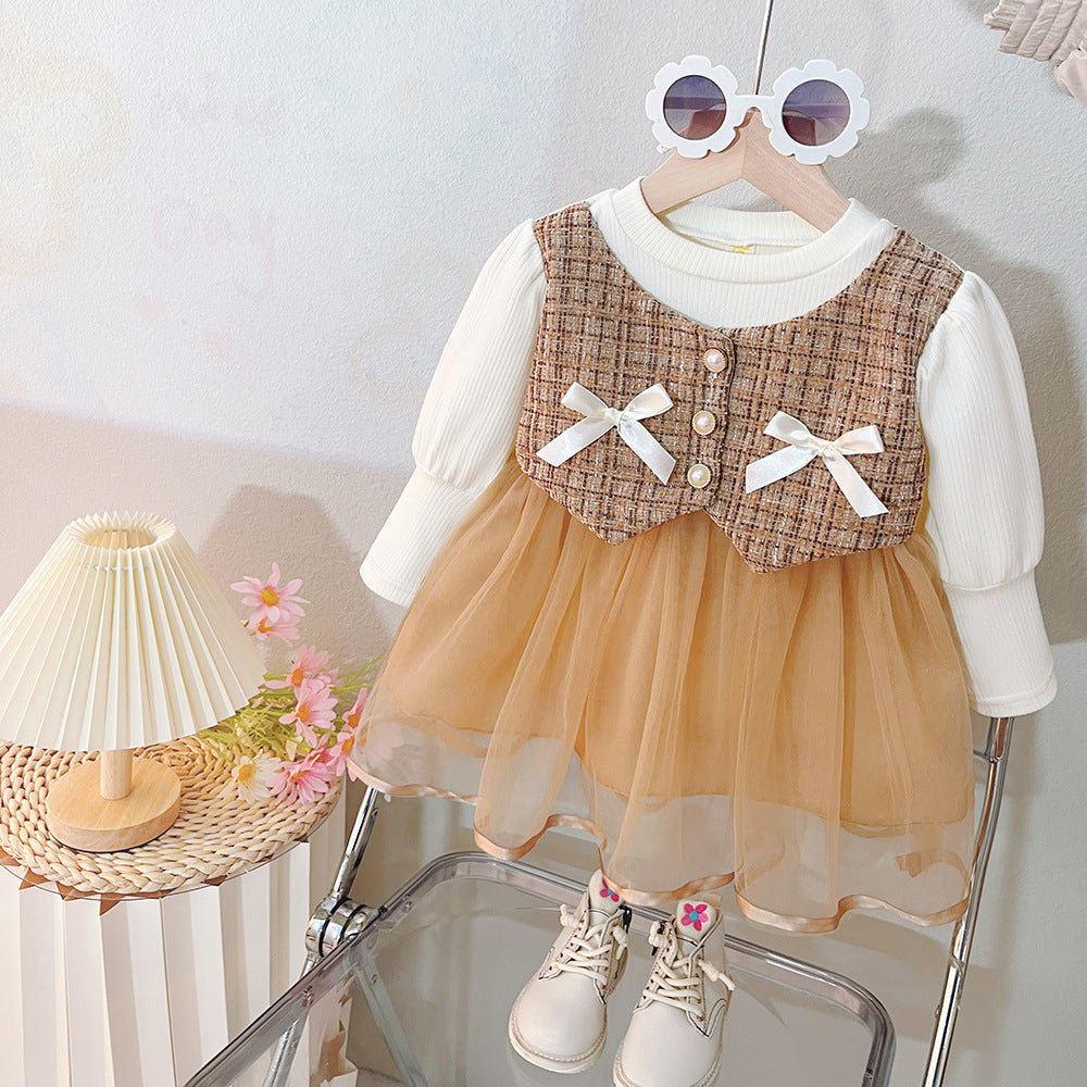 Baby girl dress spring new style little girl fashionable chic spring and autumn girl sweet tulle dress long sleeve dress