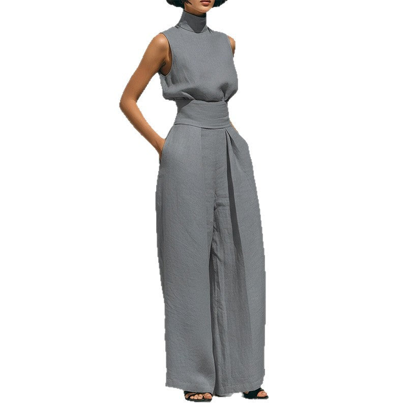 cross-border e-commerce european and american women's clothing: new summer fashion cotton linen sleeveless turtleneck long pants casual set for women