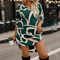 European and american style art print mini dress - v-neck, three-quarter sleeves, loose fit, slimming, slit design, casual dress