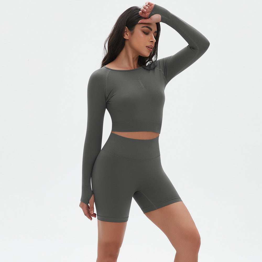 seamless knit solid color compression long-sleeve top, high-stretch breathable running and fitness set, yoga wear for women