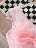 cross-border girls' bowknot solid color camisole top + ruffle hem denim shorts two-piece set