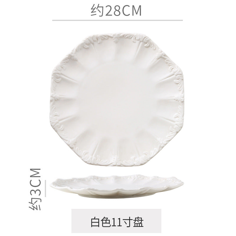 Embossed retro ceramic dinnerware set - french style, high-end steak plates, dessert plates, and salad bowls for home use