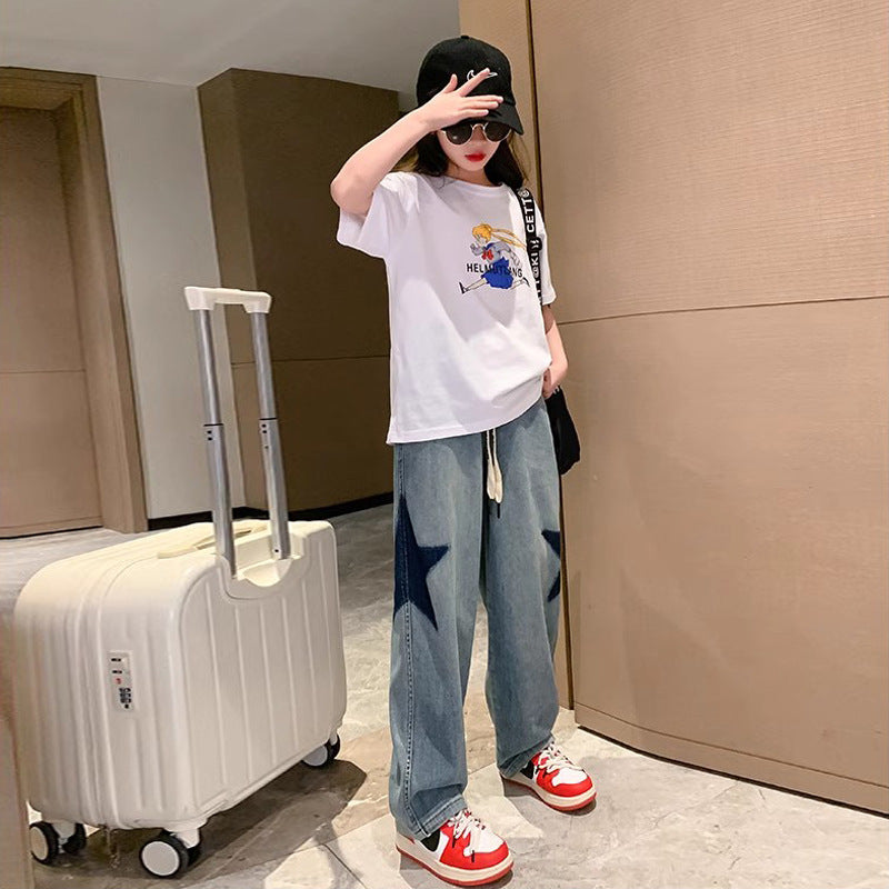 Girls' spring denim wide-leg pants, spring/autumn style, big girls' straight-leg trousers,  new collection, loose fit for mid-to-large children