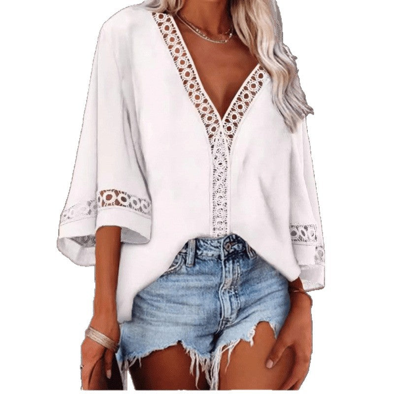 Ready-to-ship european and american style women's tops - new  blouses: v-neck hollow-out lace trim shirts