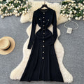 French chic metallic buckle waist dress - women's 2025 autumn slimming elegant hollow-out knit maxi dress