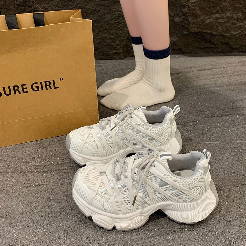 Parisian strappy chunky sneakers for women, new spring/summer 2026 collection, breathable mesh round toe lace-up casual athletic shoes