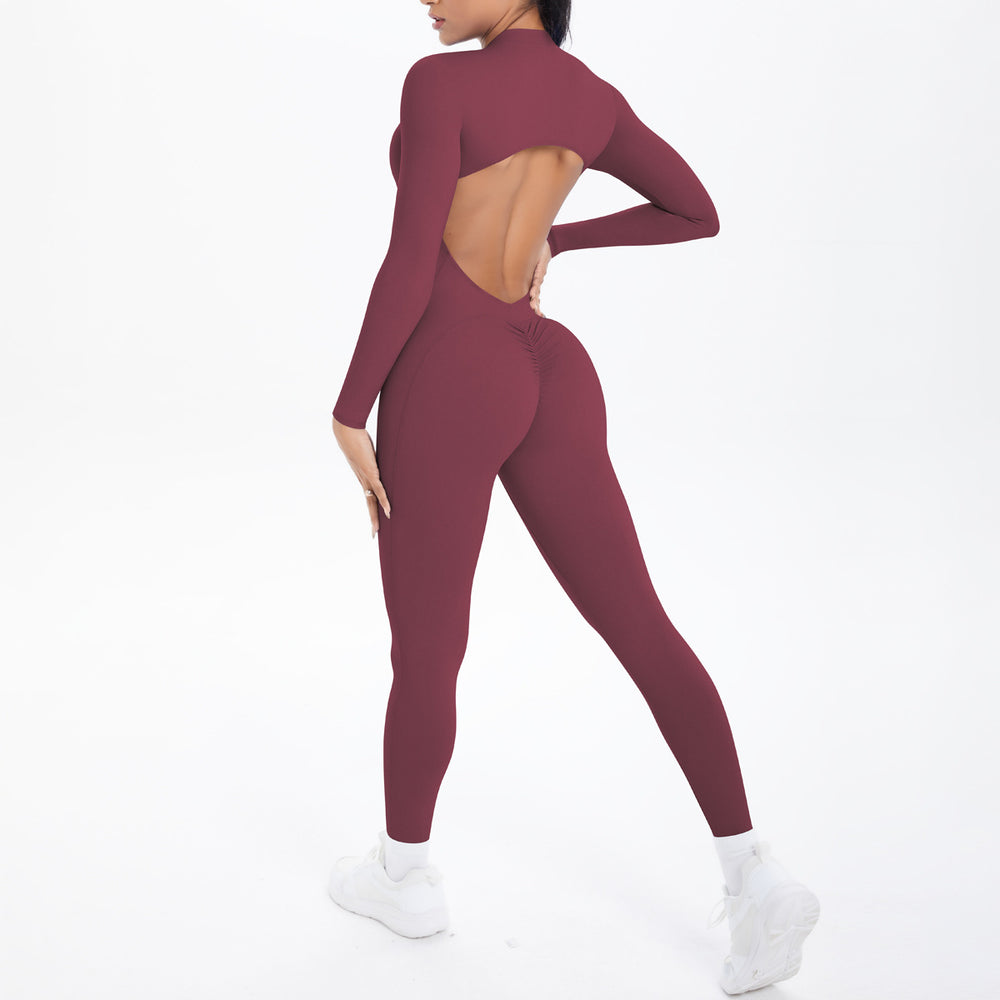 New arrival cross-border double-sided brocade pure color beautiful back cut outlong sleeves jumpsuit sports running fitness yoga wear jumpsuit
