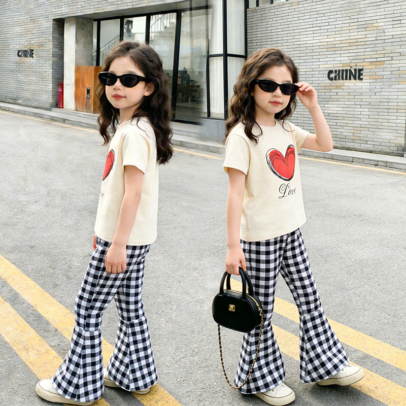 Girls' summer outfit set : new summer wide-leg pants, loose-fit lightweight casual short-sleeve top and pants, cute two-piece set