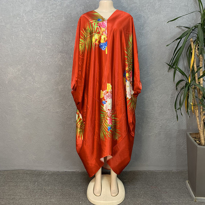 Faux silk printed loose fit plus size women's african style batwing sleeve maxi dress