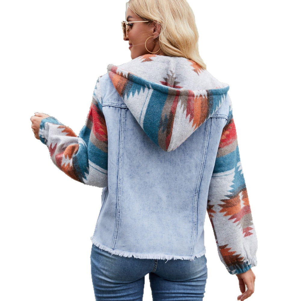 European and american cross-border e-commerce women's apparel:  independent store autumn new arrival - washed color block long sleeve denim jacket top