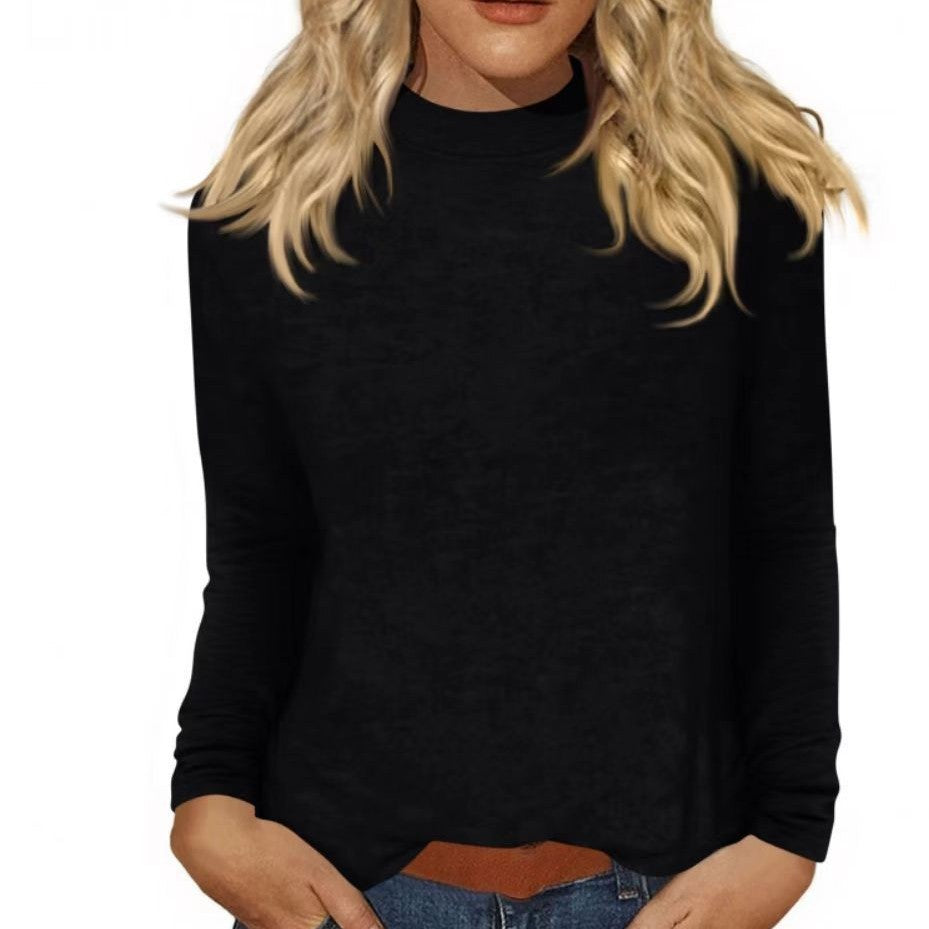 cross-border new women's long-sleeve t-shirt: everyday casual, mid-neck, solid color top, base layer - in stock