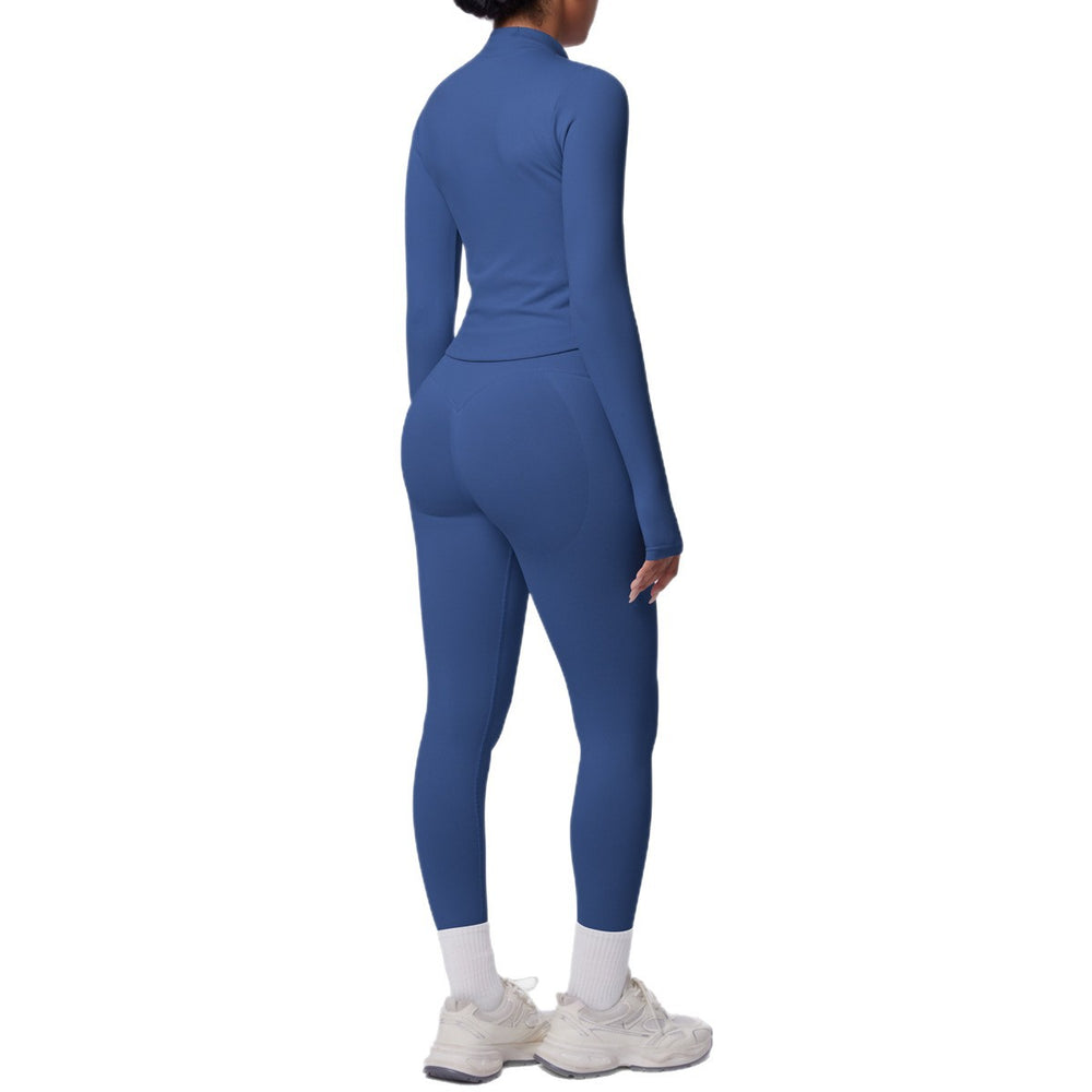 High-waisted, butt-lifting, form-fitting yoga set. solid color, seamless, stand-up collar, longline activewear. perfect for outdoor running and fitness