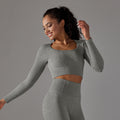 New arrival cross-border seamless pure color dotted stripes t-shirt high elastic low collar abdominal shaping yoga wear long sleevestops women