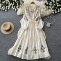 Vintage-inspired, heavily embroidered, unique and elegant women's long-sleeve dress - tie-waist a-line maxi dress, slimming and tummy-concealing