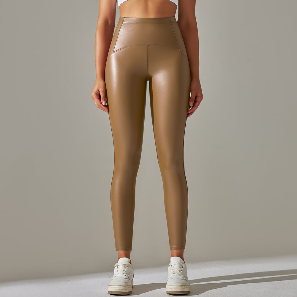 Clearance european and american  high waist hip lifting and abdominal tightening waist pu leather pants inner brushed yoga bottom leather pants nine-point pants