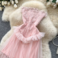 Fairy styletube tophalterlacepatchworkdress women's summer sleeveless high waist large swing long skirt sense of design waist skirt