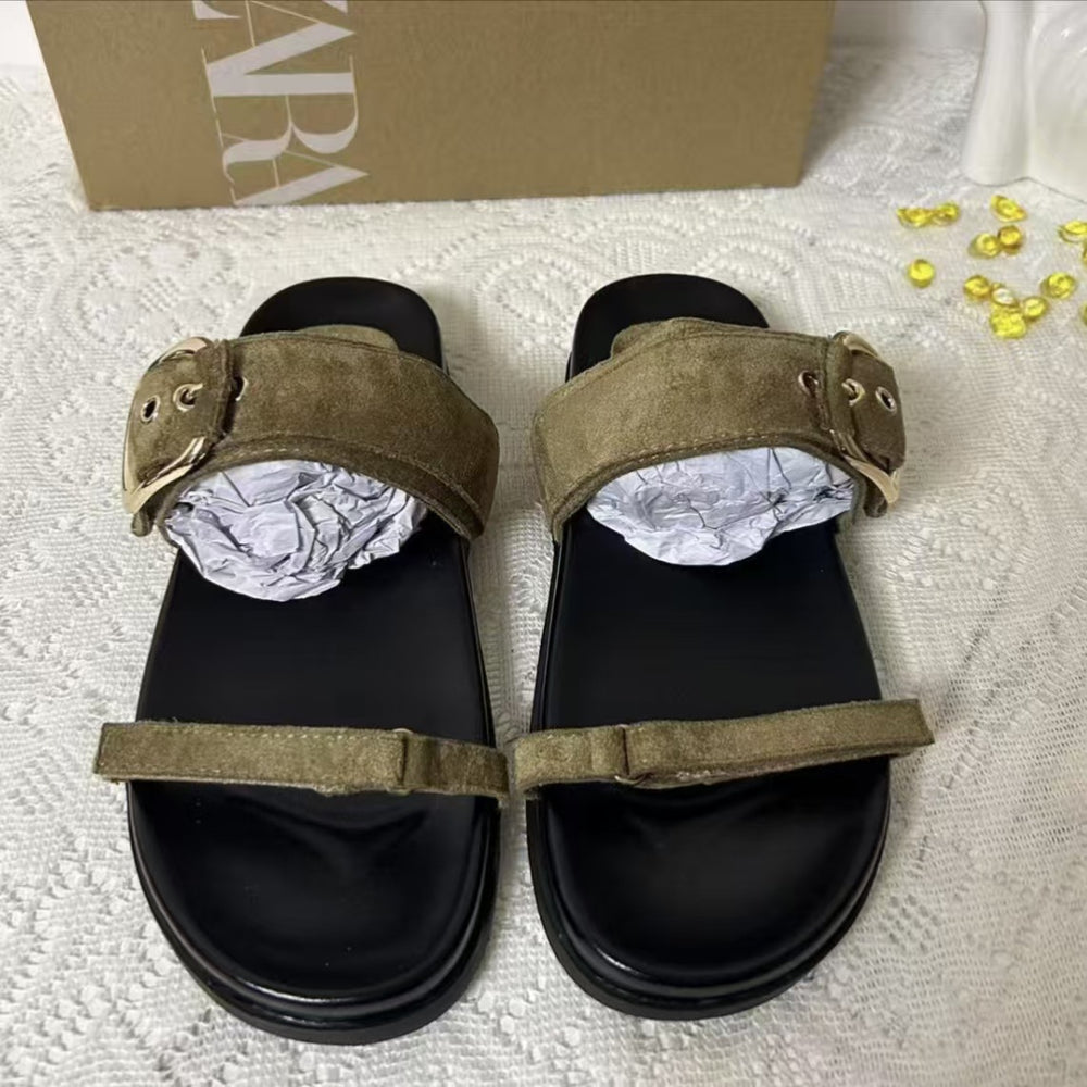 Za2025 summer women's flat sandals - single strap, buckle closure, casual, versatile, outdoor sandals