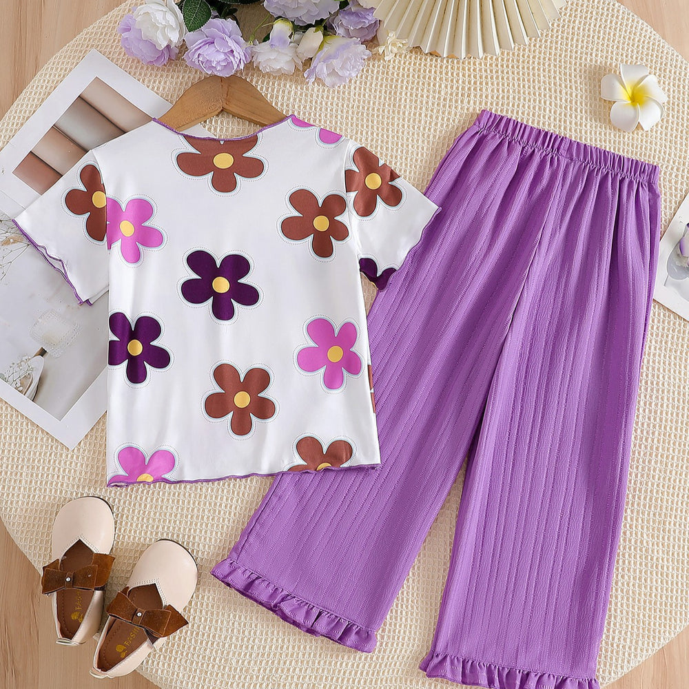 summer girls' colorful floral print short-sleeve outfit - ribbed knit ruffle hem pants, breathable & mosquito-proof two-piece trendy set