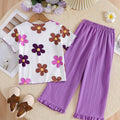 summer girls' colorful floral print short-sleeve outfit - ribbed knit ruffle hem pants, breathable & mosquito-proof two-piece trendy set