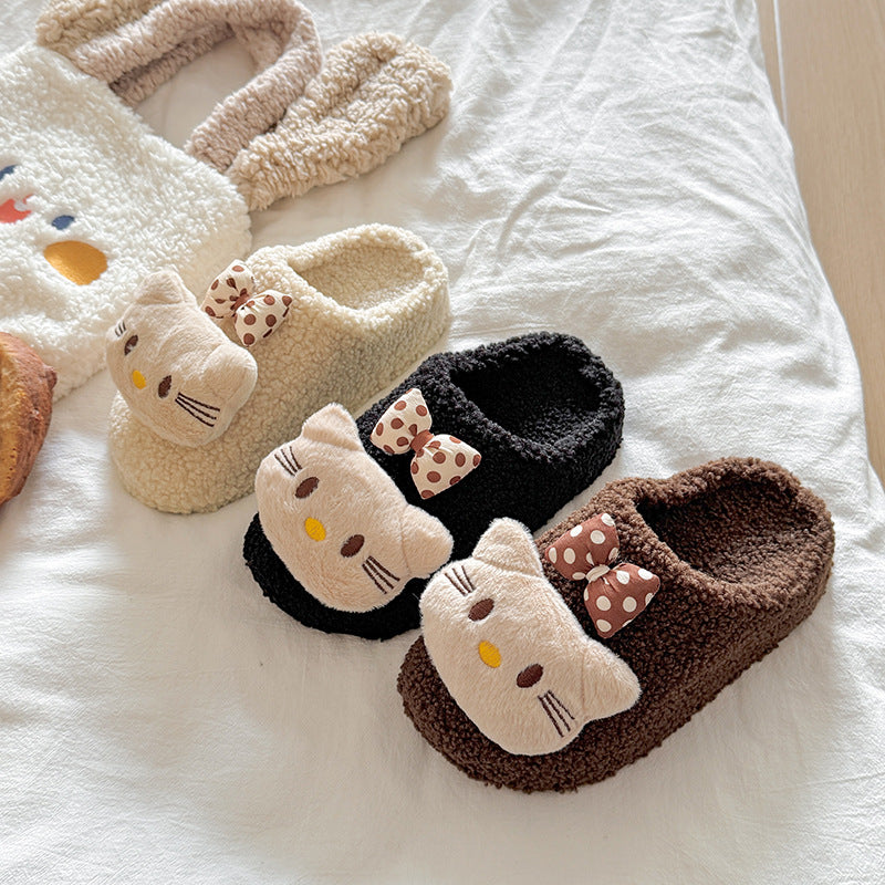 Kt cat casual women's lambswool slippers - autumn/winter cute cartoon warm non-slip home thick-soled closed-toe cotton slippers